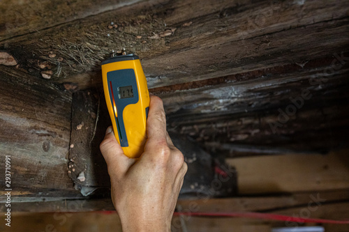 Indoor damp & air quality (IAQ) testing. A close up view of a professional home living quality inspector using a digital handheld device to measure levels of moisture in wooden structural elements. photo