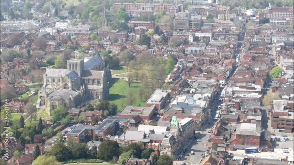 Winchester City from an aerial perspective. Really zoomed in on Cathedral Winchester City from an aerial perspective. Really zoomed in on Cathedral