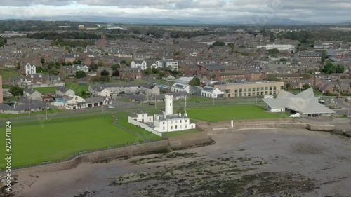 An aerial view of Arbroath Signal Tower Museum and RNLI Lifeboat Statiion. Left to right circling and rising view. photo