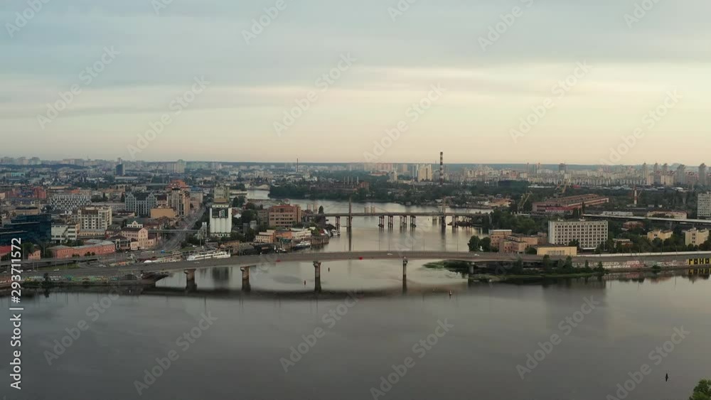 Flying a drone over the Dnieper in Kiev with a view of the capital Flying a drone over the Dnieper in Kiev with a view of the capital