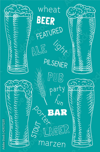 Beer featured. Beautiful illustration of stout, ale, light and lager beer
