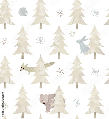 雪の森と動物シームレス柄