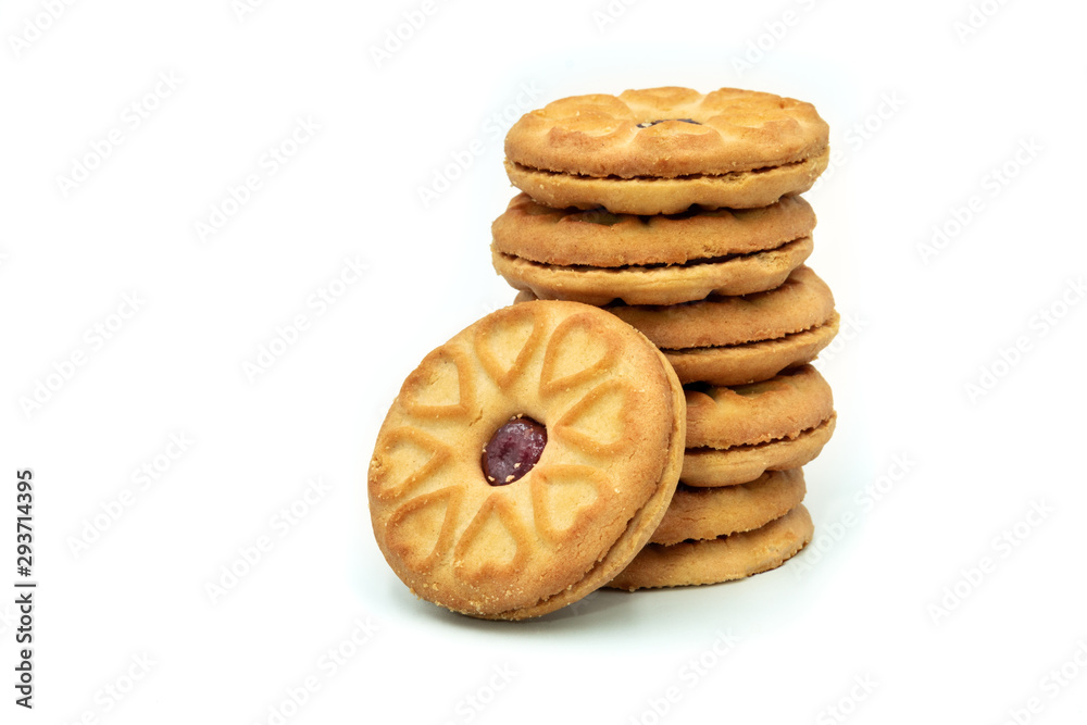 Stack of jam biscuits or cookies on white background