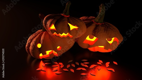 3D illustration of scary glowing halloween jack-o'-lanterns