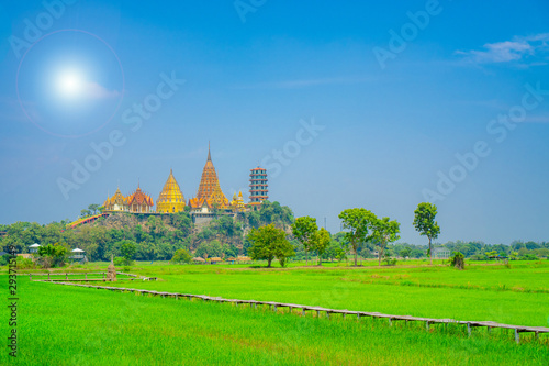 Scenery view  at Wat tham sua or tiger cave temple with green jasmince rice field,blue sky ,sun shine and long walkway bamboo bridge. Tourist attraction in Kanjanaburi. photo