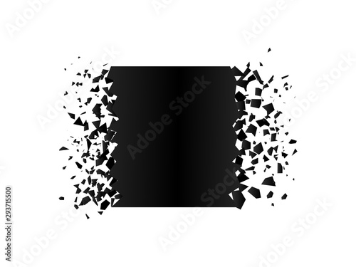 exploding square with debris. Isolated black square on white background. Concept, template for sale. 3d effect of particles. Vector illustration EPS 10
