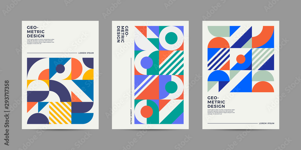 Placard templates set with Geometric shapes, Retro geometric style flat and line design elements. Retro art for covers, banners, flyers and posters. Eps10 vector illustrations - obrazy, fototapety, plakaty 