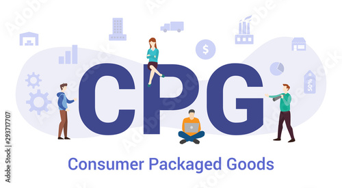 cpg consumer packaged goods concept with big word or text and team people with modern flat style - vector
