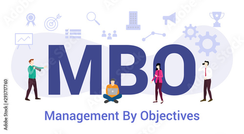 mbo management by objectives concept with big word or text and team people with modern flat style - vector photo