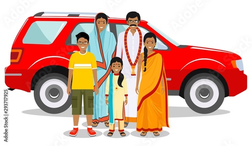 Family and social concept. Indian person generations at different ages. Set of people in traditional national clothes: father, mother, boy, girl standing together near car. Vector illustration.