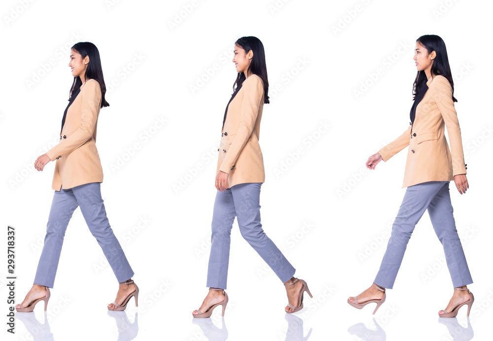 Fototapeta premium Full Length Snap Figure 20s 30s Asian Business Woman Stand in cream Formal proper Suit pants and high heel shoes, studio lighting white background isolated, collage group pack 360