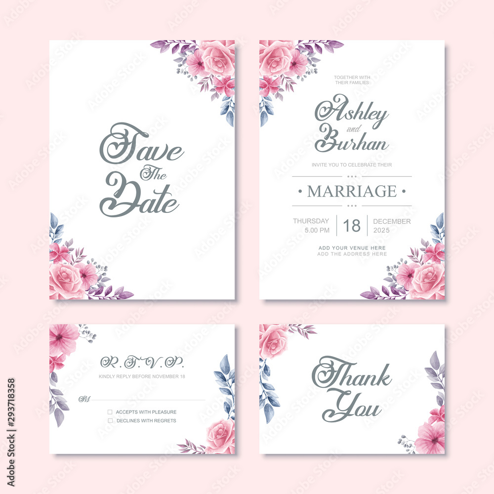 Beautiful Watercolor Flower Wedding Invitation Card Template