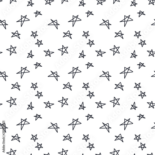 Silhouettes of stars drawn in a single line on a white background  Vector Seamless background