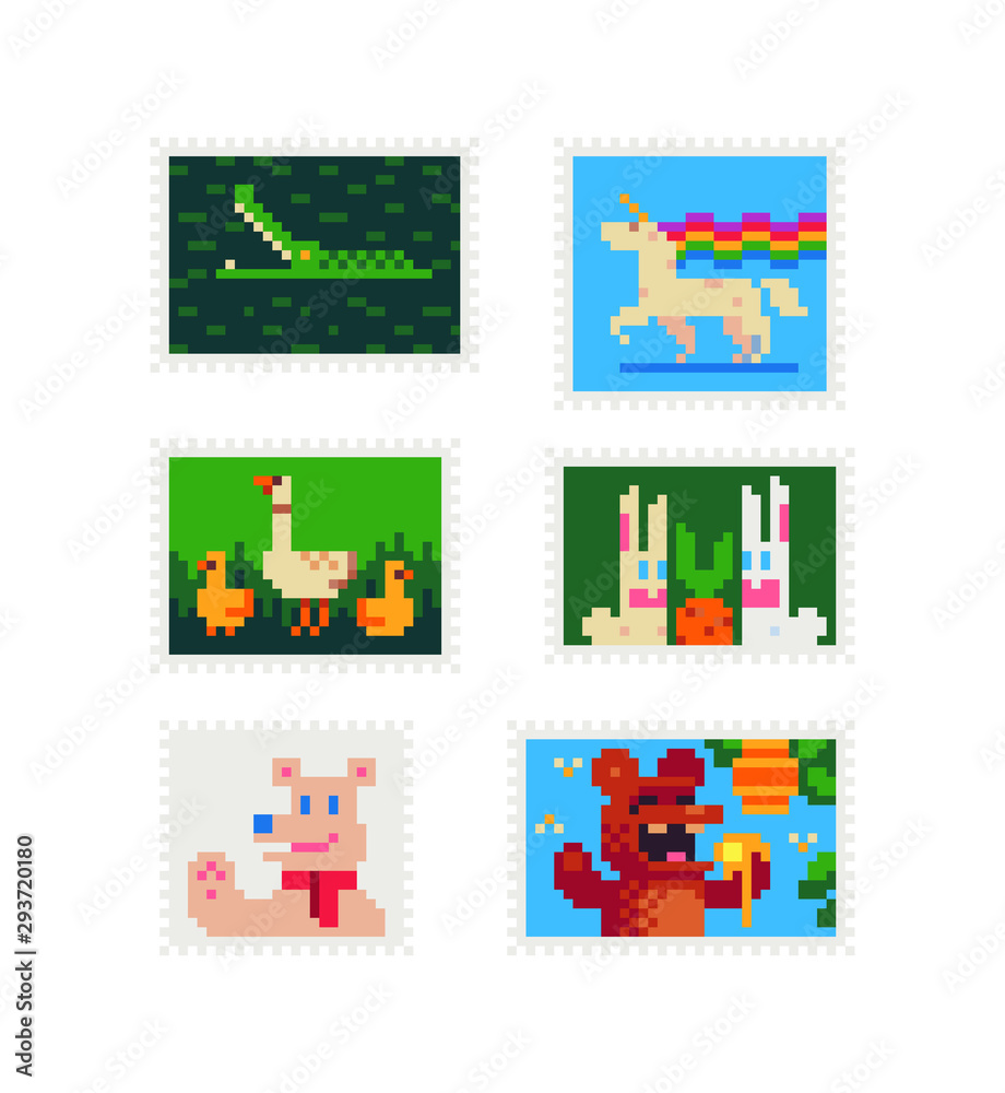Vintage postmark template pixel art icon, crocodile, unicorn with a rainbow mane, duck with ducklings, hares, bear. Design for logo, sticker and mobile app. Isolated vector illustration.  