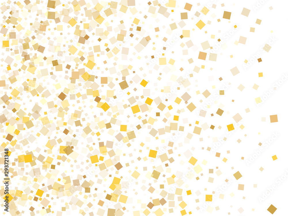 Metalic gold confetti sequins tinsels scatter on white. Rich Christmas vector sequins background. Gold foil confetti party elements isolated. Overlay particles invitation backdrop.