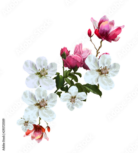 watercolor painting of leaves and flower, on white background