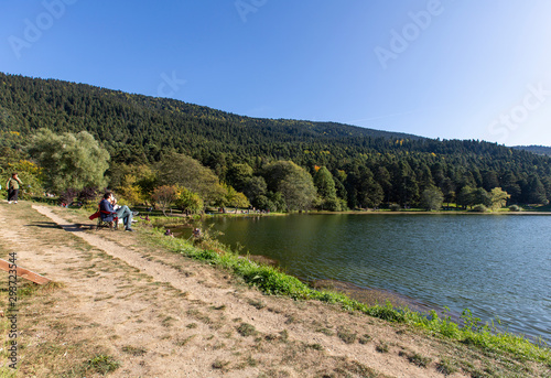 Bolu, Turkey, 29 September 2019: Goynuk, which is a historic district in the Bolu, Turkey. Lake, forest and peoples.