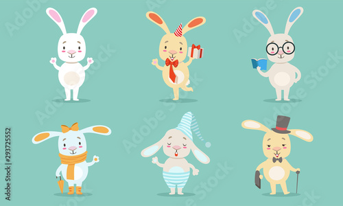 Fototapeta Naklejka Na Ścianę i Meble -  Cute Little Bunnies Characters Set, Adorable Rabbits in Different Situations Vector Illustration