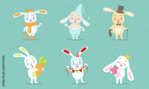 Cute Little Bunnies Characters Set, Adorable Happy Rabbits in Different Situations Vector Illustration