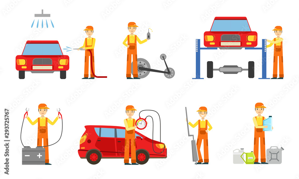 Car Service Set, Male Auto Mechanics in Uniform Repairing, Washing Cars and Testing Vehicles Vector Illustration Car Service Set, Male Auto Mechanics in Uniform Repairing, Washing Cars and Testing Vehicles Vector Illustration