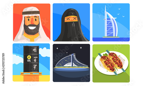 United Arab Emirates Traditional Symbols Set, People in Traditional Clothes, Architectural Objects, Kebab Vector Illustration