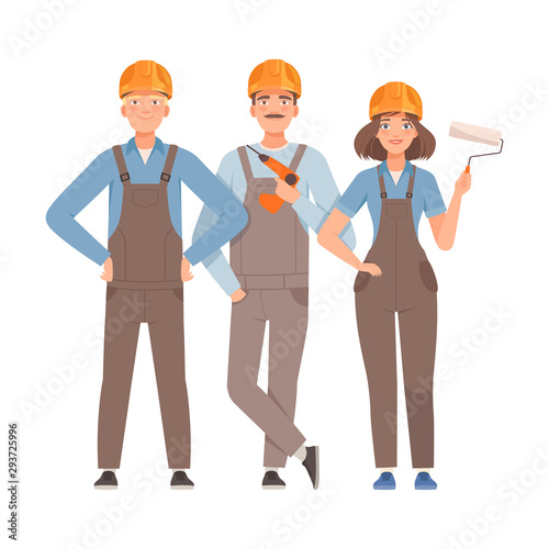 Three builders in gray overalls. Vector illustration.