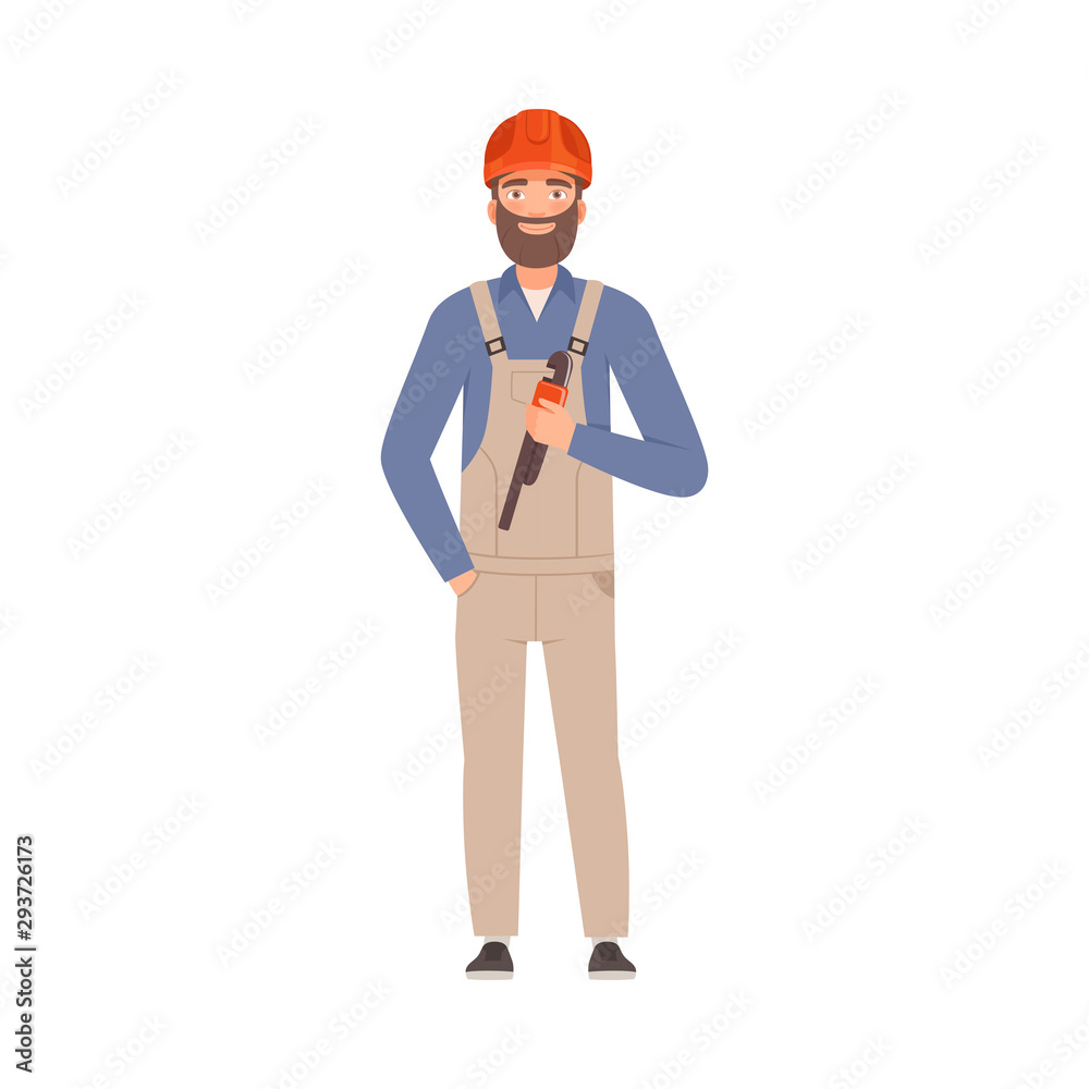 Bearded repairman in gray overalls. Vector illustration.