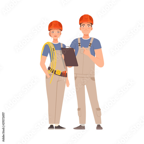 Builders man and woman in gray overalls. Vector illustration.