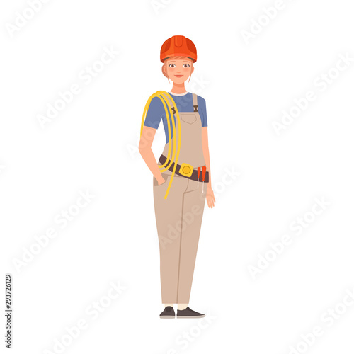 Woman with a skein of yellow wire on her shoulder. Vector illustration.