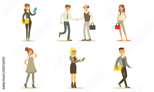 Business People Working in Office Set, Male and Female Managers or Employees Characters Metting, Talking on Phone, Going to Work Vector Illustration