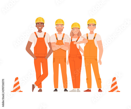 Team of road builders in orange overalls. Vector illustration.