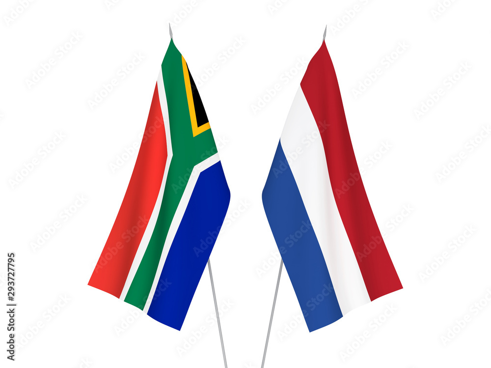 National fabric flags of Netherlands and Republic of South Africa isolated on white background. 3d rendering illustration.