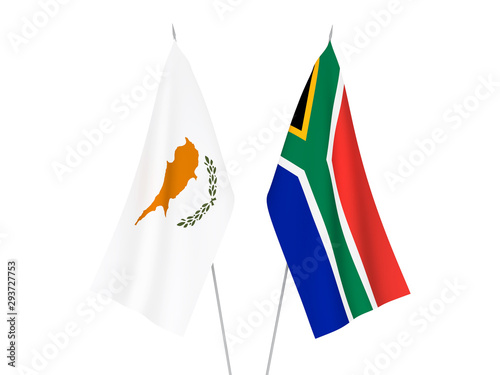 National fabric flags of Republic of South Africa and Cyprus isolated on white background. 3d rendering illustration.