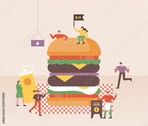 Small people are making huge hamburgers at fast food restaurants.  flat design style minimal vector illustration.