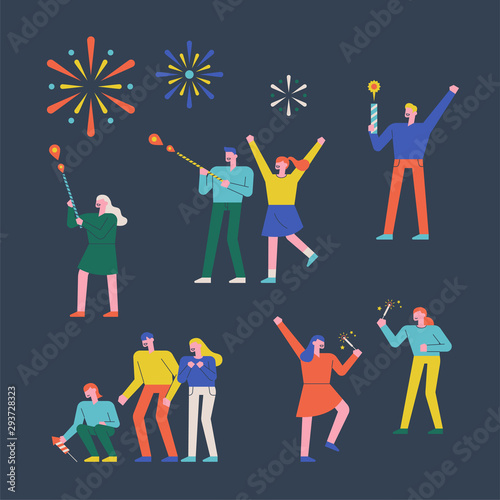 Fireworks People Characters Collection Set. flat design style minimal vector illustration.