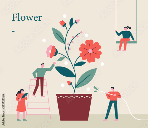 Small people are growing giant flowers together. flat design style minimal vector illustration.