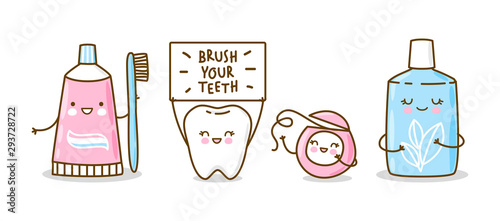 Cute tooth and objects for dental care isolated on white - funny toothpaste, brush, dental floss and mouthwash