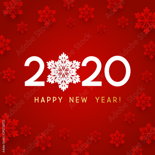 New Year concept - 2020 numbers on red background with paper snowflakes for winter holidays design