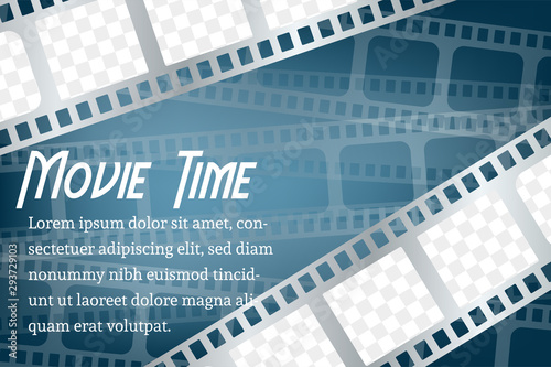 Twisted cinematography film for photo or video recording on blue background vector illustration. Concept for movie theater or online cinema. layout space for photo collage on top and bottom