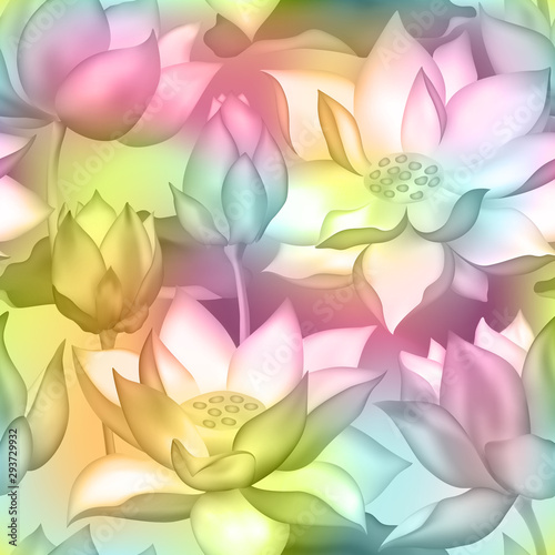 Lotus buds and flowers seamless vector pattern., Water lilly nelumbo aquatic plant packaging design.
