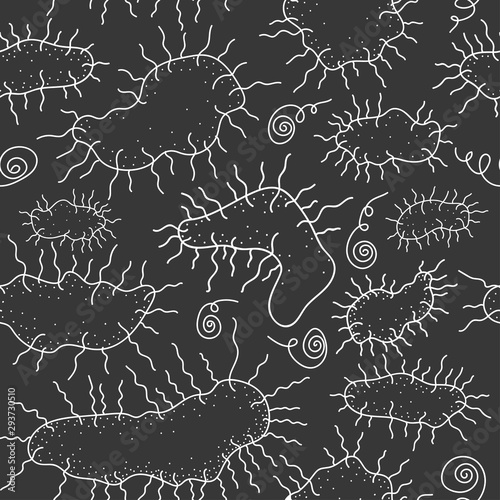 Seamless abstract gray background with the image of figures similar to viruses or microbes.