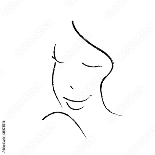 Vector sketch style outline of a young smiling woman with closed eyes and a wavy strand of hair. Design element for beauty industry.