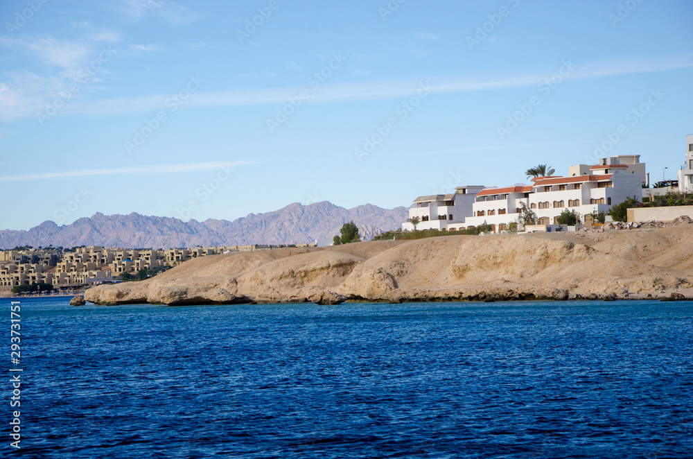 View of the coast with the buildings of the Sinai Peninsula of the Red Sea in Sharm el Sheikh (Egypt)