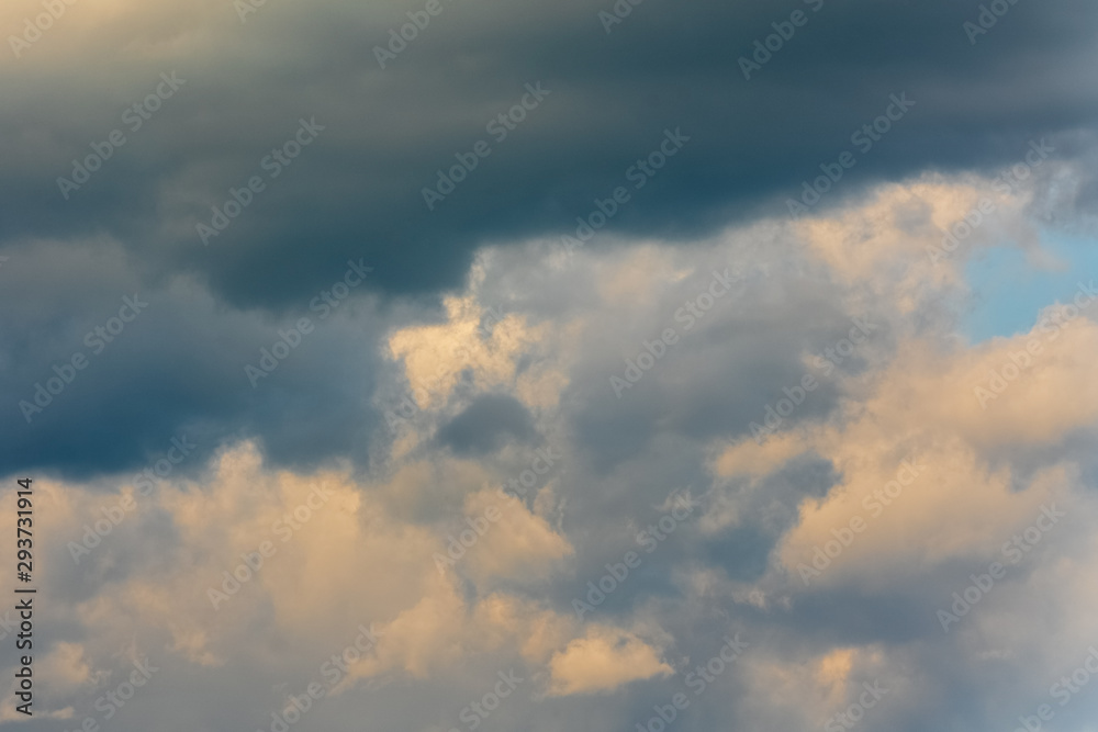 Beautiful view of natural meteorology background: stunning summer cloud scape, dramatic clouds floating across sky to weather change before rain. Atmospheric dispersion, soft focus, motion blur clouds