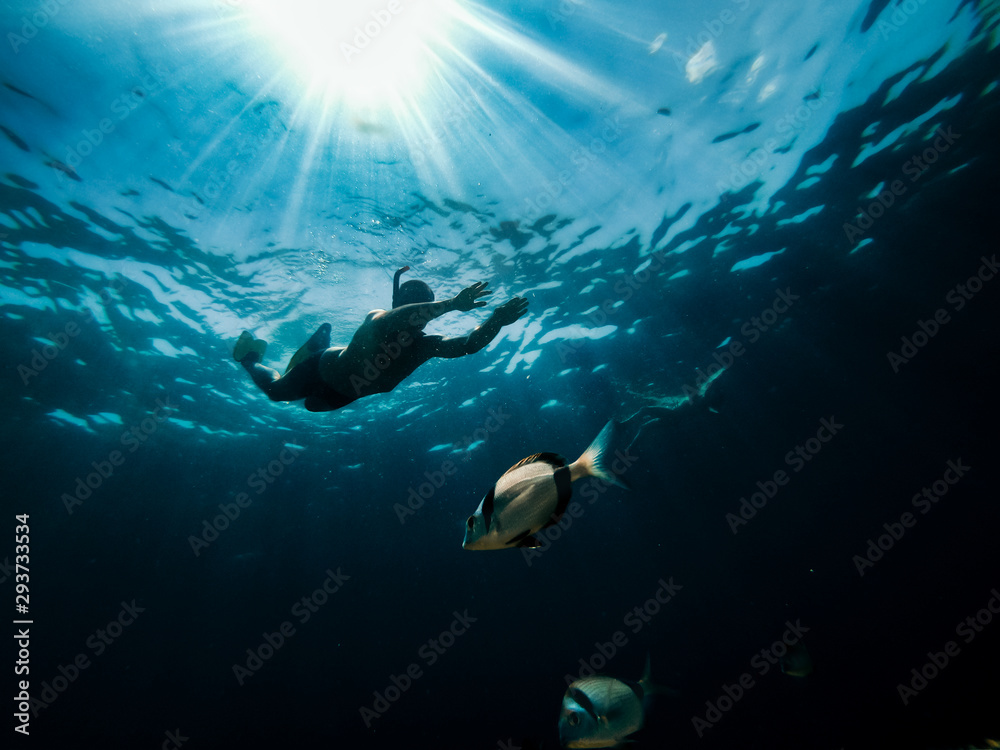 Underwater photo of a men snorkeling in the sea