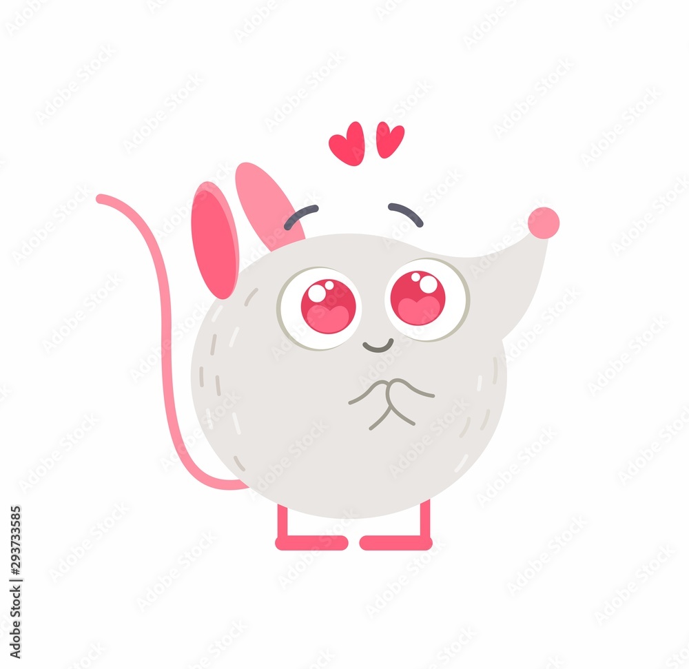 Cute little mouse in love flat vector illustration. Adorable 2020 new year mascot with big eyes. Small charmed, fascinated animal isolated on white background. Romantic rat kawaii cartoon sticker Cute little mouse in love flat vector illustration. Adorable 2020 new year mascot with big eyes. Small charmed, fascinated animal isolated on white background. Romantic rat kawaii cartoon sticker