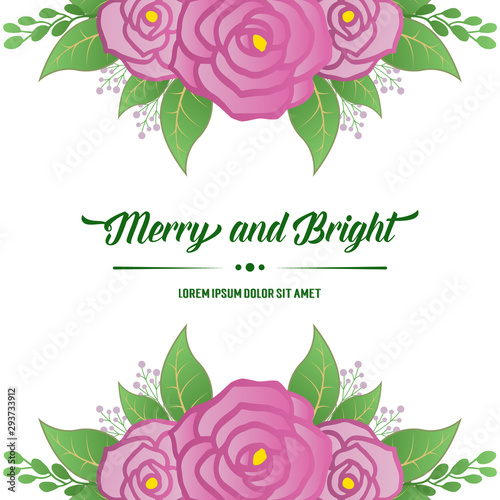 Elegant pink rose wreath frame blooms, for template merry and bright. Vector