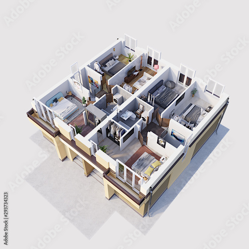 3d render illustration of multistory residential floor plan, isometric