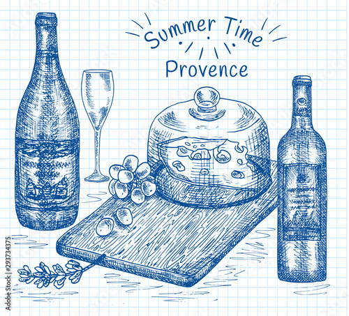 hand drawing illustration of chopping cheese board with grapes, wine, champagne. Provence, summer time.