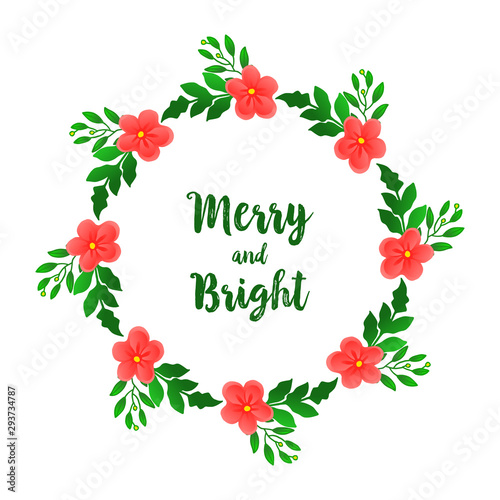 Card merry and bright with decoration of modern orange flower frame. Vector